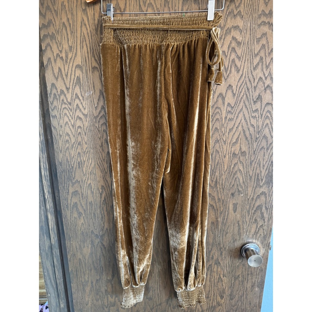 Time and Tru Womens Velvet‎ Jogger Pants Gold Brown Smocked Waist XS 0-2
